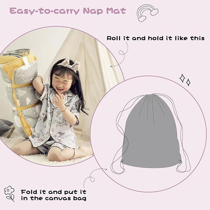 Hi Sprout Toddlers Nap Mat with Removable Pillow and Soft Blanket, Lightweight Daycare Preschool Kindergarten Sleeping Bag, Travel Slumber for Kids Girls Boys