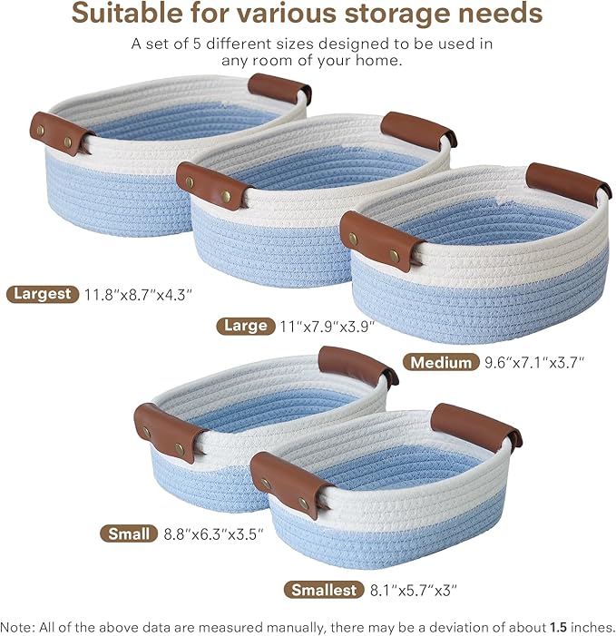 ECDYQXVU 5 Piece Storage Baskets Small Woven Basket with Detachable Leather Handle, Cotton Rope Shelf Baskets for Closet Organizers, Different Sizes Basket Decor, White Blue