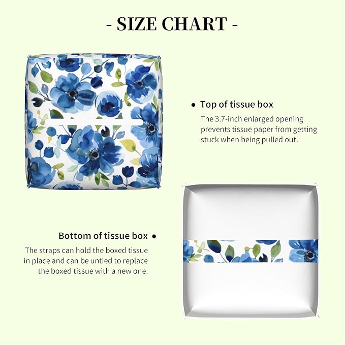 Blue Blooming Floral Flower and Plants Tissue Box Cover Square Leather Tissue Holder Waterproof Facial Paper Organizer Dispenser Cube Paper Cover Case for Home Office Bathroom Vanity Countertop