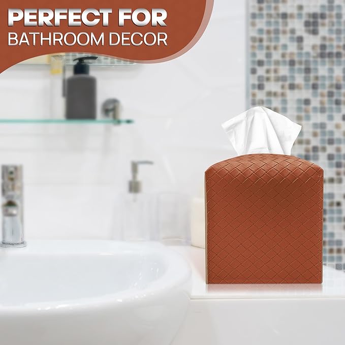 Tissue Box Cover Holder, PU Leather Tissue Box Cover with Braided Pattern, Square Tissue Holder with Bottom Belt, Modern Organizer for Bathroom, Car, Office,(Saddle Brown, 12 Braided Patterns)