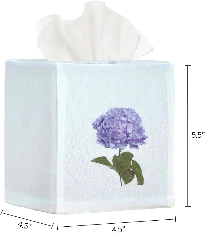 EmbroideryLinen.VN Tissue Box Cover Set of 2, Square Linen Tissue Holder, Printed Floral Design, 4.5x4.5x5.5 Inches, Decorative Holder for Bathroom, Living Room, Office (Hydrangea & Dandelion)