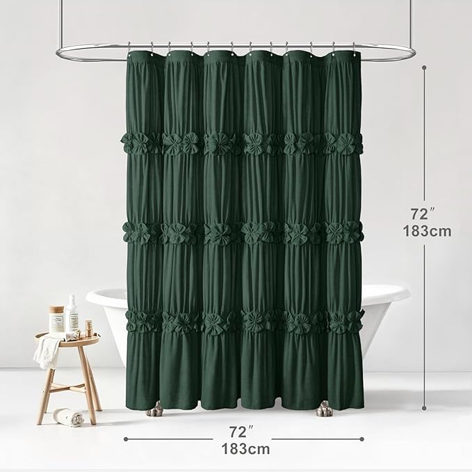XOGUIBO Ruffle Shower Curtain with Handmade Bow Tie, Dark Green Linen Vintage Farmhouse Shower Curtain for Bathroom, 72" W x 72" H