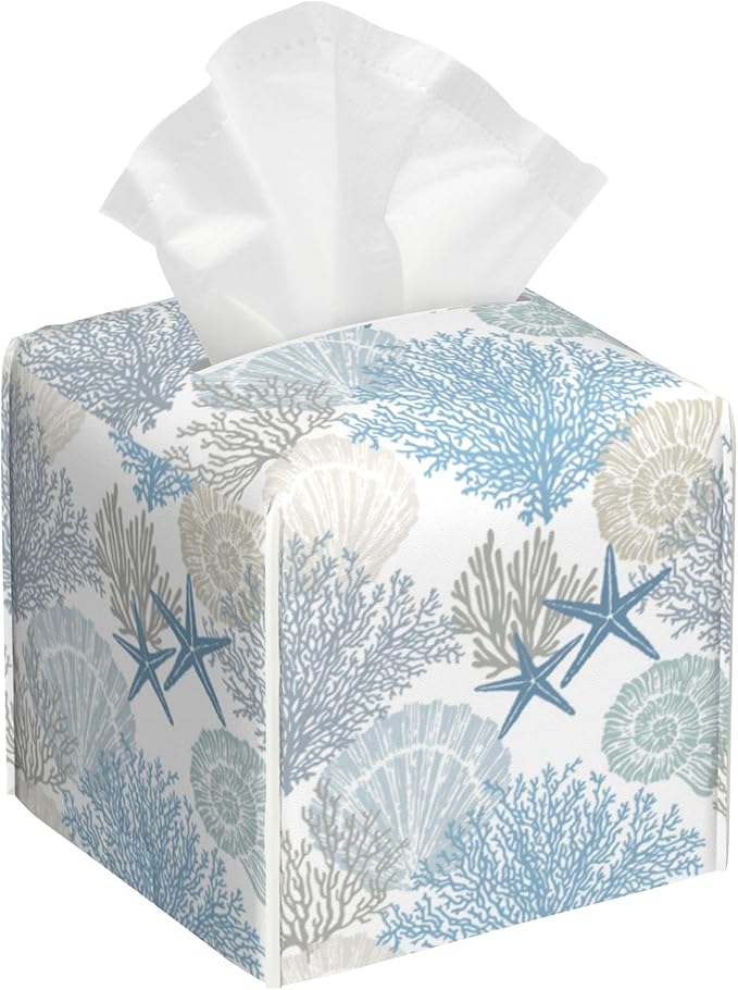 Retro Starfish Seashell Corals Tissue Box Cover Square Leather Tissue Holder Waterproof Facial Paper Organizer Dispenser Cube Paper Cover Case for Home Office Bathroom Vanity Countertop
