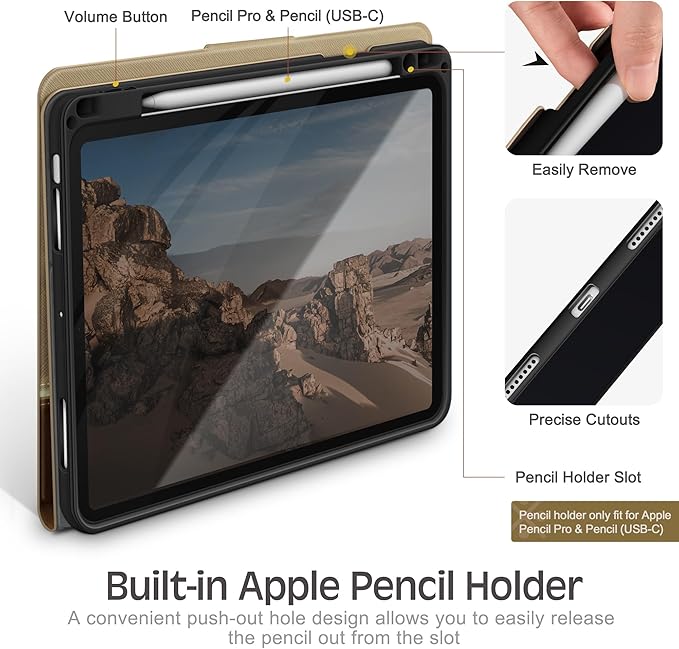 KingBlanc Case for iPad Pro 13-inch (M5 2025, M4 2024) with Built Pencil Holder, PU Leather Smart Stand Cover, Auto Sleep/Wake, Supports Pencil Pro/Pencil (USB-C), Multi-Viewing/Drawing Angles, Beige