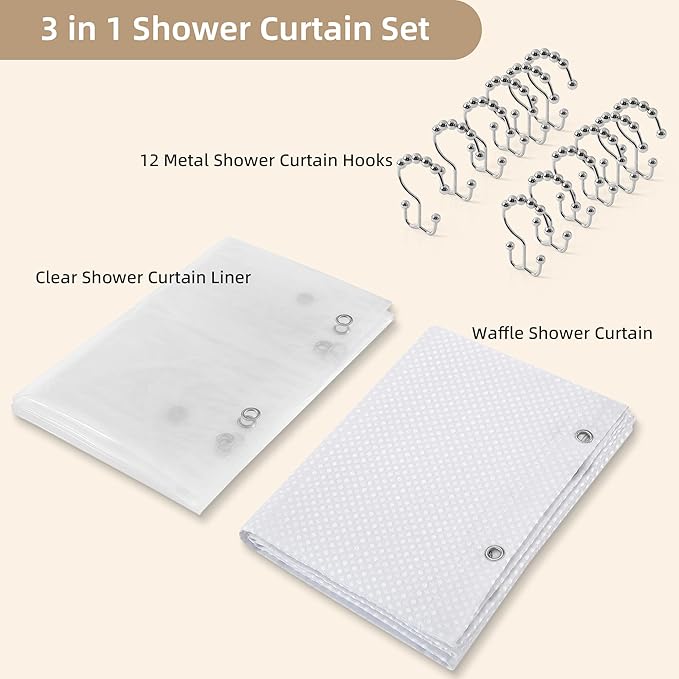 Lameirose White Shower Curtain and Liner, 3 in 1 Waffle Shower Curtain Set with 12 Double Sided Shower Curtain Hooks, Fabric Shower Curtains for Bathroom 72 x 72