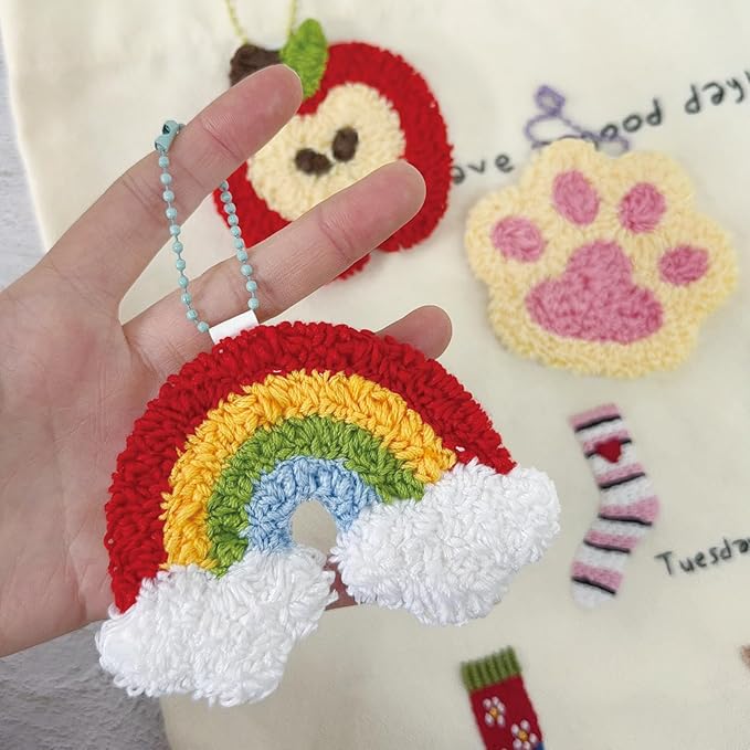HAND U JOURNEY 3Pcs Embroidery Punch Needle Bachpack Charm Kit, Original Design with 2.2mm Punch Tool, Threads and Hoop. Random Color Chain (Rainbow & Cat paw)