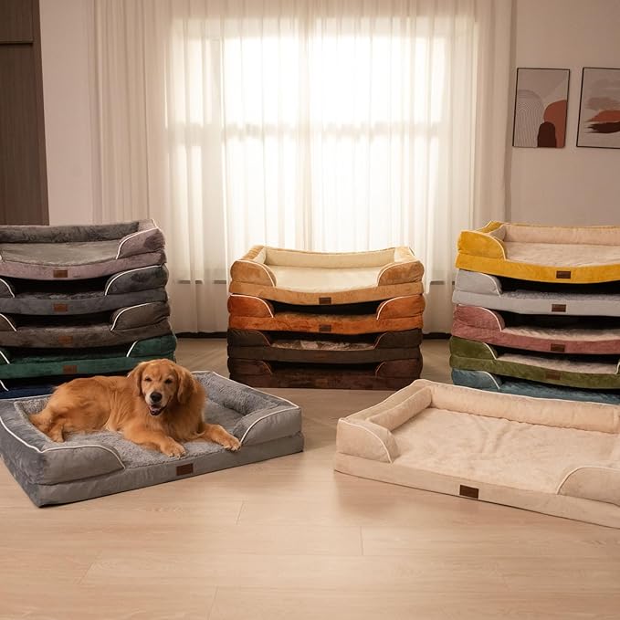 Comfort Expression Orthopedic Dog Bed for Large Dogs 36x27 Inch, Waterproof Egg Crate Foam Large Pet Bed with Removable Bolsters, Dog Couch with Washable Cover & Non-Slip Bottom, Olive Green