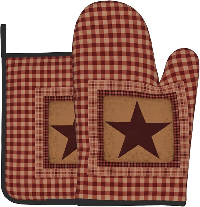 Western Star Oven Mitts and Pot Holders Sets, Vintage Red Checked Heat Resistant Kitchen Gloves 2-Pack Set,Primitive Farmhouse Decor Oven Gloves Pot Holder for Baking Grilling Barbecue Microwave Gift