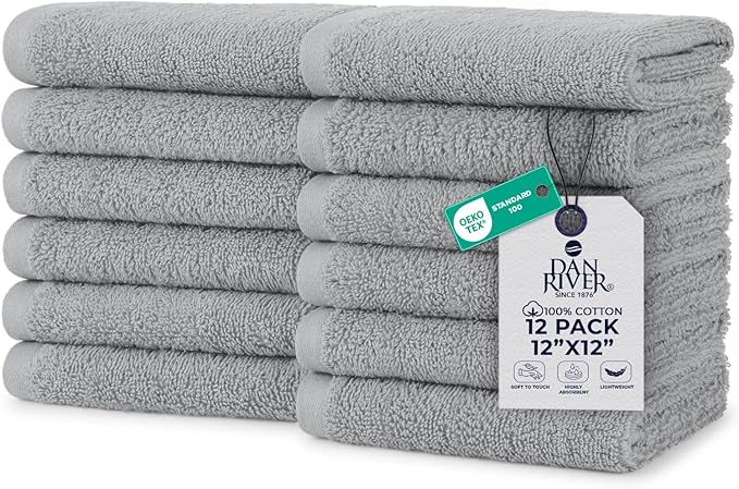 DAN RIVER 12 Pack Wash Cloths for Showering [12x12] - 100% Cotton Washcloths Premium Quality Flannel Face Cloths for Bathroom, Highly Absorbent and Soft Feel Wash Clothes, Silver
