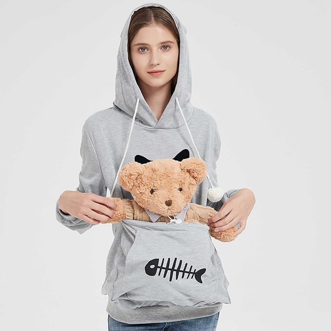 Gets Pet Cat Dog Pouch Hoodie Kitten Puppy Holder Carrier Long Sleeve Kangaroo Pocket Hoodie Unisex (Light Grey,XXL)