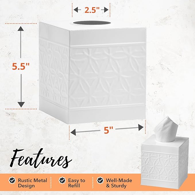 Autumn Alley White Tissue Box Cover Square, Bathroom Accessories, Decorative Tissue Holders for Bathrooms, Bedroom, Kitchen with Embossed Pattern Tissue Holders Decorative, Modern, White