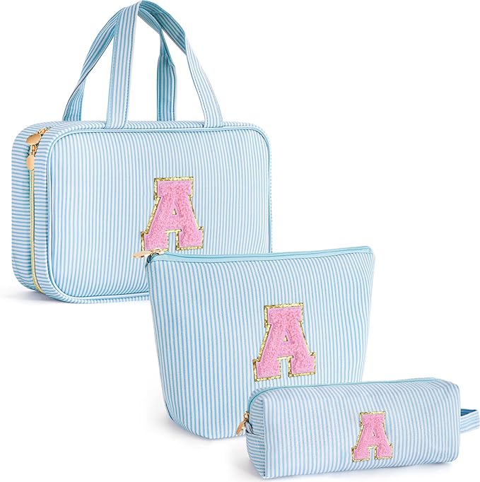 Fystdtote Personalized Toiletry Bag Monogram Makeup Bag Birthday Gifts for Kids Girls Cosmetic Bag Travel | Christmas Gifts for Teenage Girls Stocking Stuffers for Teen Girl Daughter Gifts - Blue A