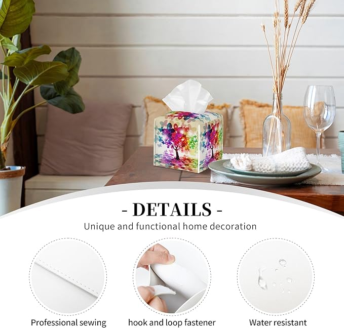 POIUBLE Colorful Tree Tissue Box Cover Leather Tissue Box Holder Square Facial Paper Organizer Dispenser for Bathroom Kitchen Bedroom Vanity Countertop Night Stands