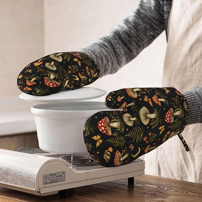 Heat Resistant Oven Mitts 2 Pack, 500°F Silicone Oven Gloves with Non-Slip Grip, Soft Quilted Cotton Lining for Baking, Grilling, BBQ, Cooking (Mushrooms Butterflies)