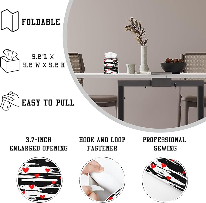 OHEGBXE Tissue Box Holder Red Hearts on Black Brush Stroke Square Leather Tissue Box Cover Modern Cube Facial Paper Cover Case for Bathroom Vanity Countertop Night Stands Tabletop