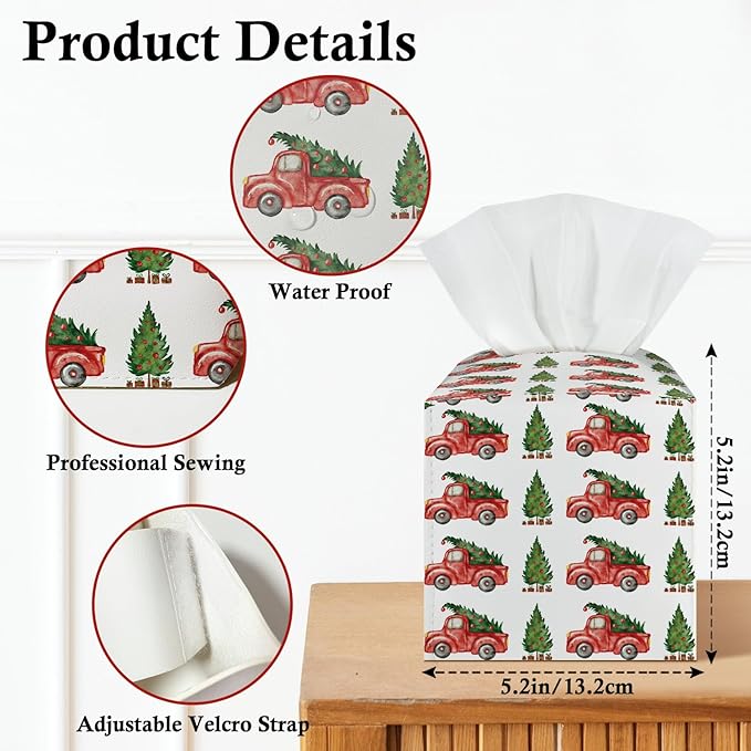 Red Car and Trees Tissue Box Cover, Christmas Leather Tissue Holders Decorative for Home Office Kitchen Bathroom Organizer, Square Facial Paper Organizer Christmas Table Decor -035