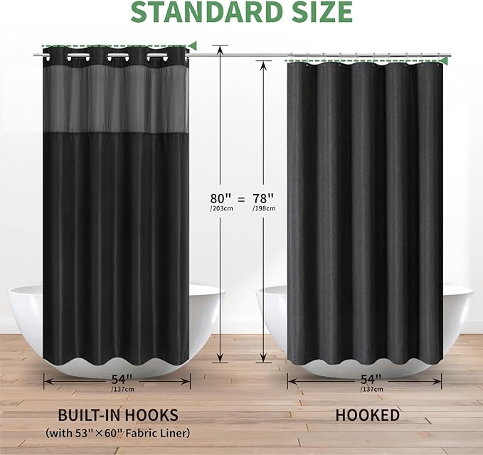eachope Stall No Hook Shower Curtain with Snap-in Fabric Liner Set,Waffle Weave Shower Curtains for Bathroom,Hotel Luxury Decor Bathroom Curtain Set,Waterproof & Washable,Black,54Wx80H
