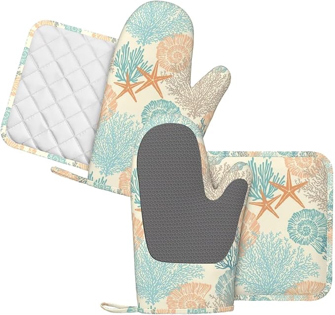 Nautical Coastal Oven Mitts and Pot Holders Set, 4pcs Silicone Starfish Seashell Coral Beach Themed Oven Glove for Kitchen Heat Resistant Oven Mitts and Non-Slip Potholders Orange Beige
