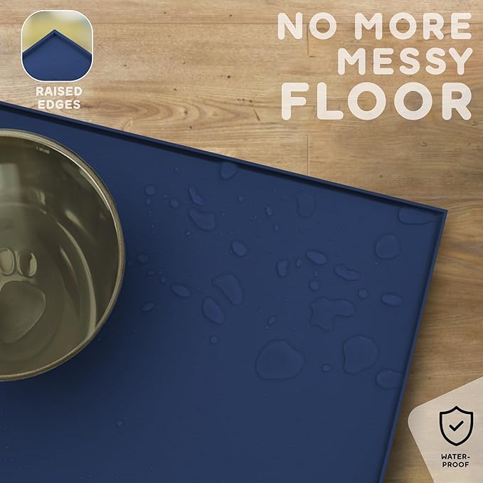 PetHappily Dog Food Mat - Raised Edges Dogs Mat for Food and Water Prevent Spill, Waterproof Cat Food Mats Protect Floors, Easy Clean Dog Bowl Mats for Food and Water, Silicone Pet Food Tray