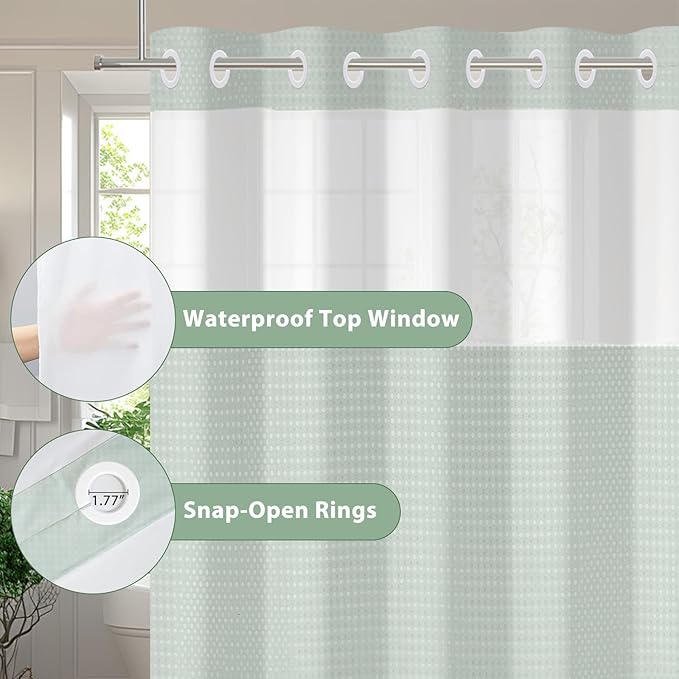 GICDSU No Hook Shower Curtain with Snap in Liner, Waffle Shower Curtain Set for Bathroom, Hotel Style with Semi-Sheer Top Window, Waterproof & Washable, Sage Green, 71" W x 80" L