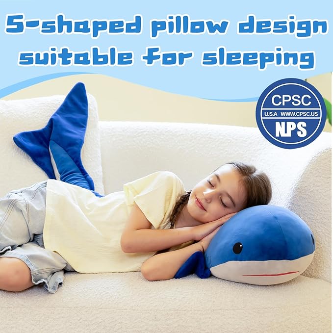 Tezituor 4ft Giant Whale Stuffed Animal, S-Shape Long Stuffed Whale Plush Body Pillow for Boys Girls Sleeping, 47inches Ocean Theme Whale Toy Gift for Christmas Birthday Decoration