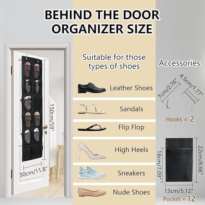 Auvotuis Over the Door Shoe Organizer, 12 Mesh Pockets Hanging Shoe Organizer with 4 Metal Hooks (Black)