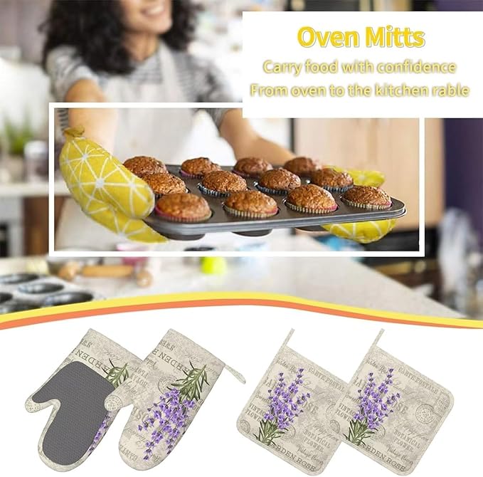 Lavender Flowers Elegant Postcard Vintage Oven Mitts and Pot Holders with Apron Set of 5 Silicone Kitchen Mitten and Non-Slip Potholders Apron Set Heat Resistant Oven Gloves Hot Pads Set