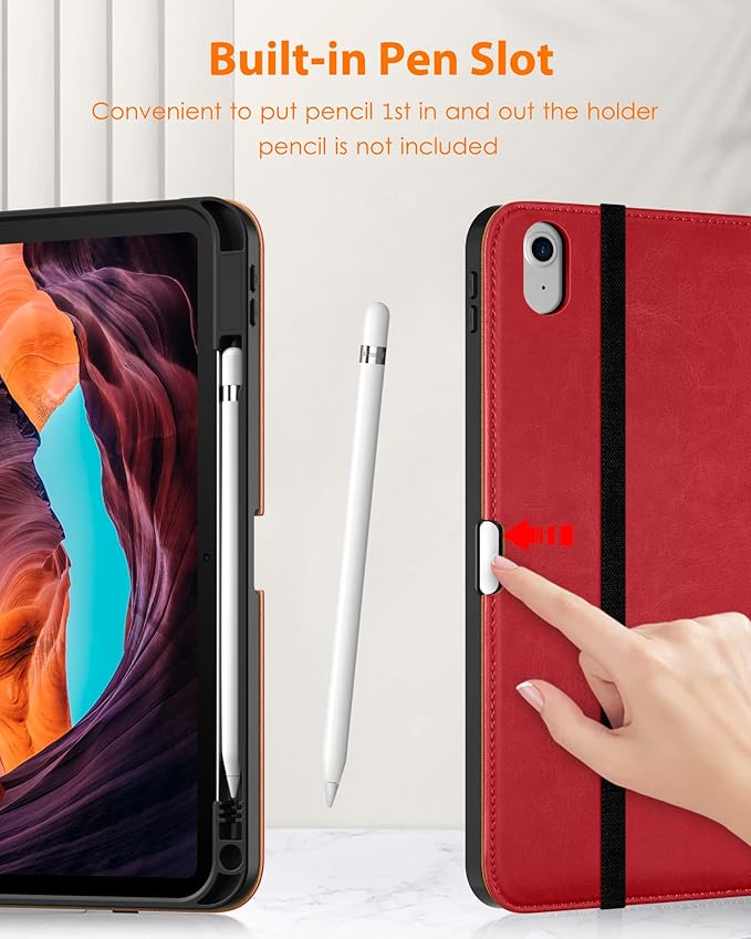 DTTO for iPad (A16) 11th Generation Case 11 Inch 2025, iPad 10th Generation Case 10.9 Inch 2022, Premium Leather Business Folio Stand Cover with Pencil Holder - Auto Wake/Sleep, Red