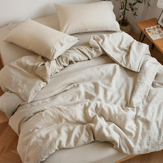 Sijo Stone Washed Organic French Linen Bed Sheet Set, GOTS Certified Organic, Best Cooling Linen Sheet Award by Sleep Foundation, 3 Piece - 2 Pillowcases and 1 Fitted Sheet (Classic, Queen)