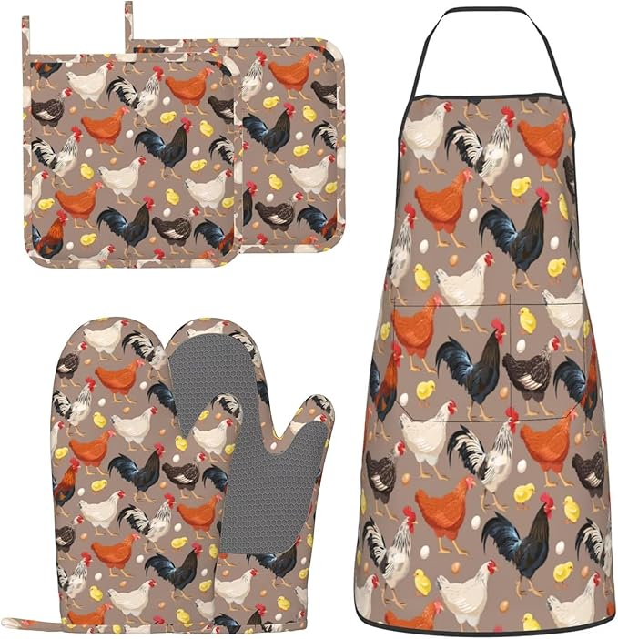 Chicken Oven Mitts and Pot Holders with Apron Set of 5 Silicone Breeds of Chicken Kitchen Mitts and Non-Slip Potholders Apron Set Heat Resistant Funny Rooster Hen Chicken Oven Gloves Hot Pads