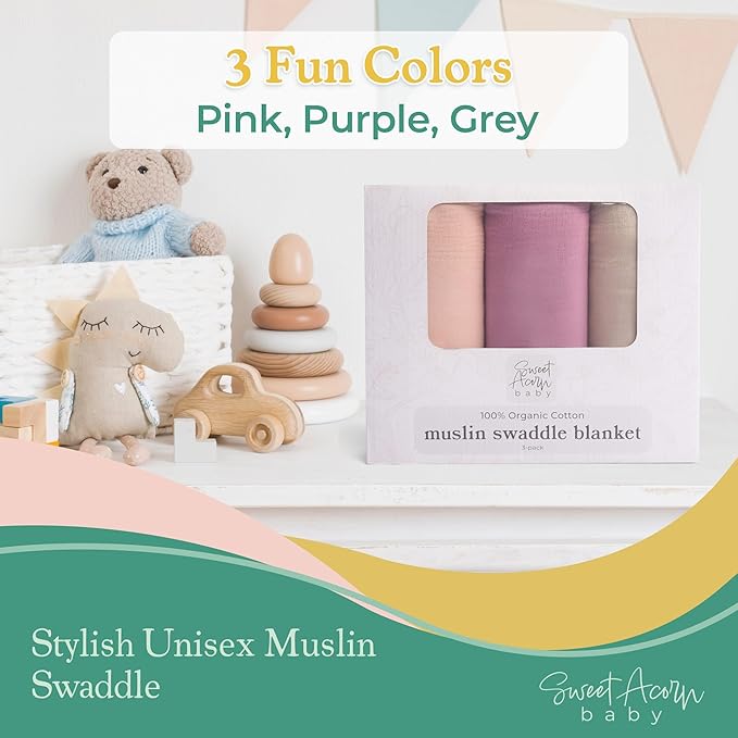 Sweet Acorn Muslin Swaddle Blanket – Soft Cotton Muslin Baby Blanket for Newborns, Infants, and Toddlers, All-Season Comfort Baby Essential - Pink, Purple, Grey