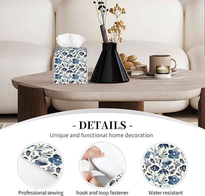 POIUBLE Leather Tissue Box Holder Blue Flowers Tissue Box Cover Square Waterproof Tissue Holder Organizer Modern Napkin Holder for Bedroom Dresser Night Stand Office Desk