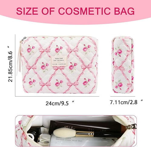 2PC Makeup Bag Set, Cute Cosmetic Bag for Women Girls, Floral Coquette Aesthetic Toiletry Bag, Travel Make Up Organizer Bag (Pink bow)