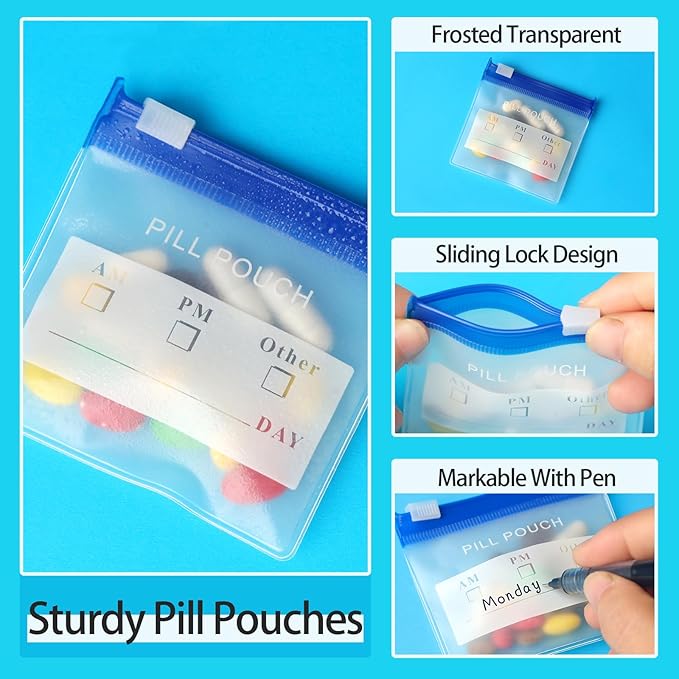 36 Packs Color Pill Pouch Bags 12mil 3 x 2.75 Inch bpa-Free, Frosted Clear EVA Materials, Heavy-Duty Thick Plastic Bags for Travel Medicine Organizer, Jewelry, Small Craft Pieces-Clear+Blue