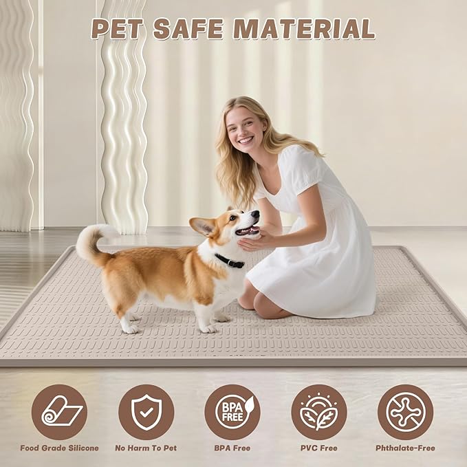 47" x 35" Silicone Dog Food Mat, Waterproof Pet Feeding Mat with Raised Edge, Extra Large Dog Bowl Mat Non-Slip Water Bowl Placemats for Dogs, Protects Floors, Easy to Clean (Beige)