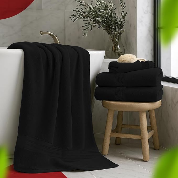 RIVERSIDE Pack of 8 Towels Set, 2 Large Bath, 2 Hand, 4 Face Washcloths, 100% Cotton Hotel Quality, Super Soft, Quick Dry, Highly Absorbent Perfect for Bathroom, Black