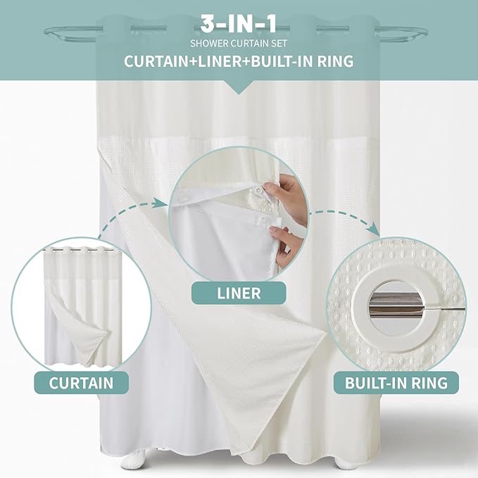 eachope Cream No Hook Waffle Weave Shower Curtain with snap-in Liner Replacement, 230GSM Waterproof Fabric Hotel Shower Curtain Set for Bathroom, Through Mesh Top Window,71Wx74H