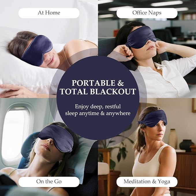 SGMSILK 100% Mulberry Silk Sleep Mask for Unisex, 22 Momme 3D Silk Contoured Eye Mask, Breathable Light Blocking Blindfold with Adjustable Strap, Blackout Eye Cover for Travel, Blue