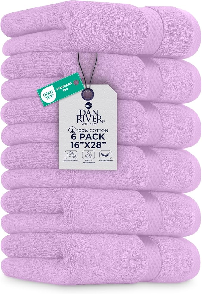 DAN RIVER 6-Pack Premium Hand Towels (16x28 Inches) - 100% Cotton, Ultra Soft, Lightweight, Highly Absorbent Towels for Bathroom, Spa, Gym, Salon, Hotel, and Travel - Lavender