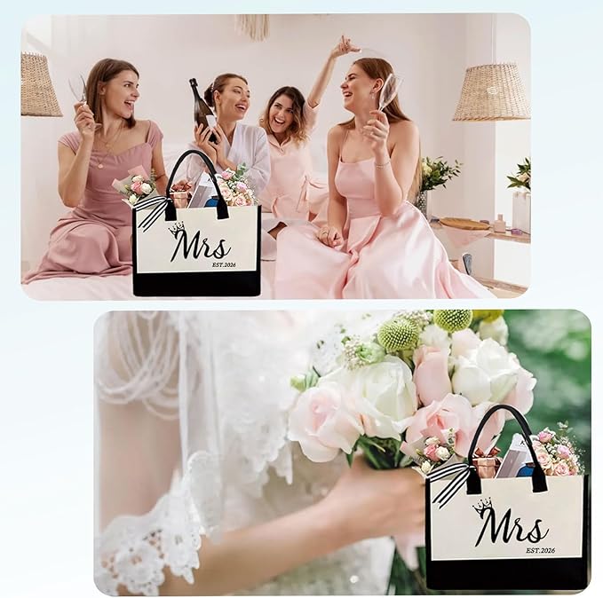 KDBDSYZB Mrs 2026 Bride Canvas Tote Bag, Gifts for Wedding BridalShower, mrs 2026 bag with Makeup Bag，Bachelorette Party, Bride to be Gifts, Miss to Mrs Bag,Christmas Personalized Bridesmaid Gift