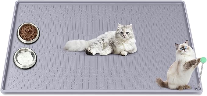 Bartuke Cat Food Mat with Toy Ball, 38'' x 25'' Extra Large Silicone Pet Feeding Mat with Raised Edge Pet Placemat for Food and Water Bowl Non-Slip, Easy to Clean, Floor Protection (Grey)