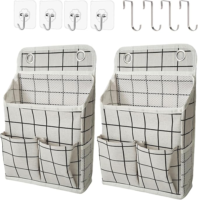 Someteth Hanging Basket for Organizing, Wall Organizer with Pockets and Over The Door Organizer，Can for Home, Closet, Office and Camper (White Grid2)