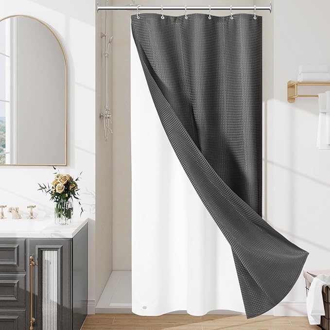 Craidlela 3 in 1 Stall Half Size Charcoal Grey Shower Curtain Set-36 W x 72 H, Modern Waffle Waterproof Fabric and PEVA Liner Set with Stainless Steel Hooks