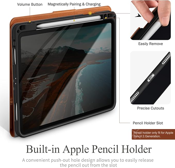 KingBlanc Case for iPad Pro 11 inch 4th/3rd/2nd/1st Generation (2022/2021/2020/2018) with Pencil Holder, PU Leather Protective Stand Folio, Auto Sleep/Wake, Multi-Angles for Viewing/Typing, Brown