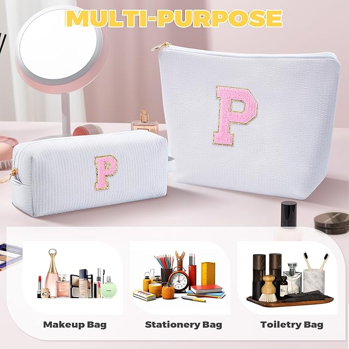 Btffitting Personalized Makeup Bag for Women Girls - Fashion Cosmetic Bag Trendy Travel Toiletry Bag with Initials Letter - Teen Gifts - White,P
