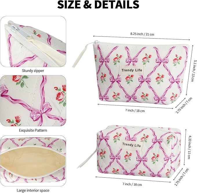 HAOGUAGUA 2 Pieces Makeup Bag, Small Large Quilted Cosmetic Bag, Travel Floral Make Up Toiletry Organizer Bag for Women Girls (2PCS STYLE A-4)