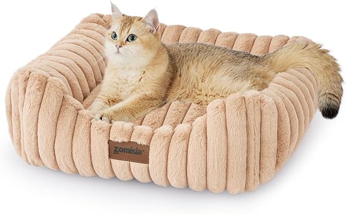ZOMISIA Small Dog Beds for Small Dogs - Washable Cat Beds for Indoor Cats, Rectangle Orthopedic Puppy Bed with Fluffy Removable Cover, 20x19x7inches, Beige