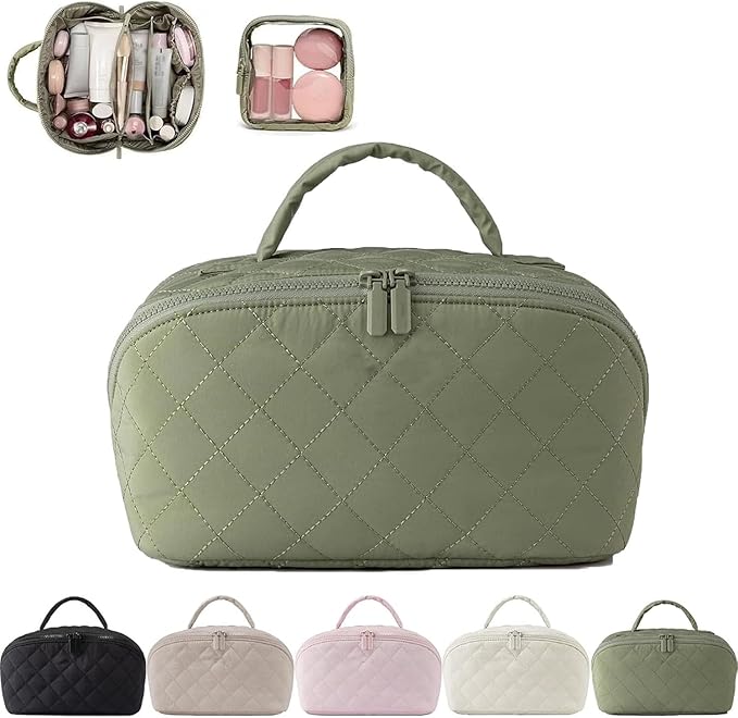 Petition Makeup Bag for Women, Wide Open Lay-Flat Cosmetic Case, Festivalment Makeup Bag, Spacious 180° Open Cosmetic Organizer for Toiletries & Brushes Large Capacity with Compartments (Green)