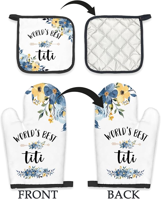 Titi Gifts Oven Mitts and Pot Holders Sets, Gifts for Titi Aunt Auntie Aunty, TitiAunt Auntie Gifts from Nephew Niece,World’s BestTiti Heat Resistant Oven Glove Potholders for Kitchen Cooking