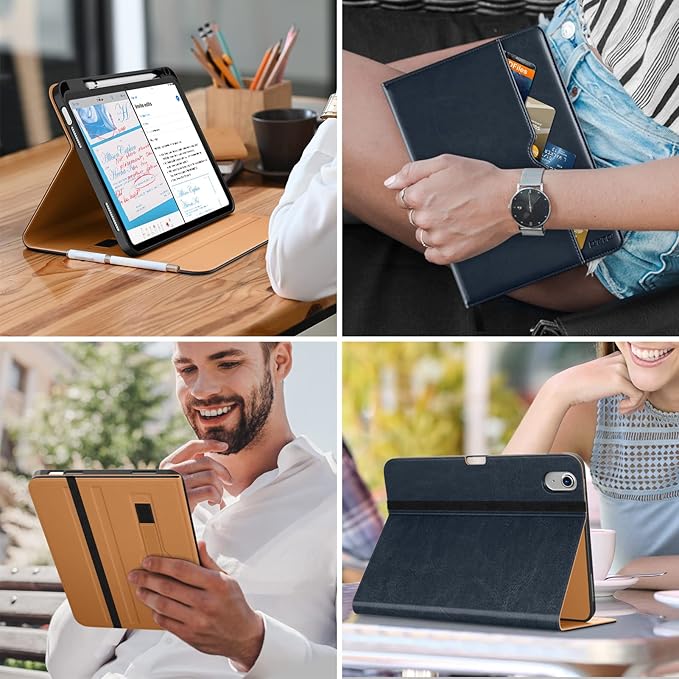 DTTO for iPad (A16) 11th Generation Case 11 Inch 2025, iPad 10th Generation Case 10.9 Inch 2022, Premium Leather Business Folio Stand Cover with Pencil Holder - Auto Wake/Sleep, Blue